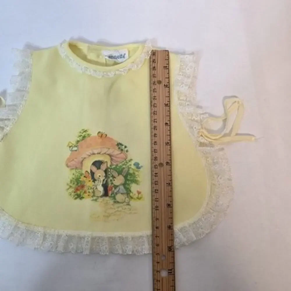 Vintage Nannette Baby Girl Bib Smock Bloomers Yellow Rabbit Mushroom Graphic 2pc